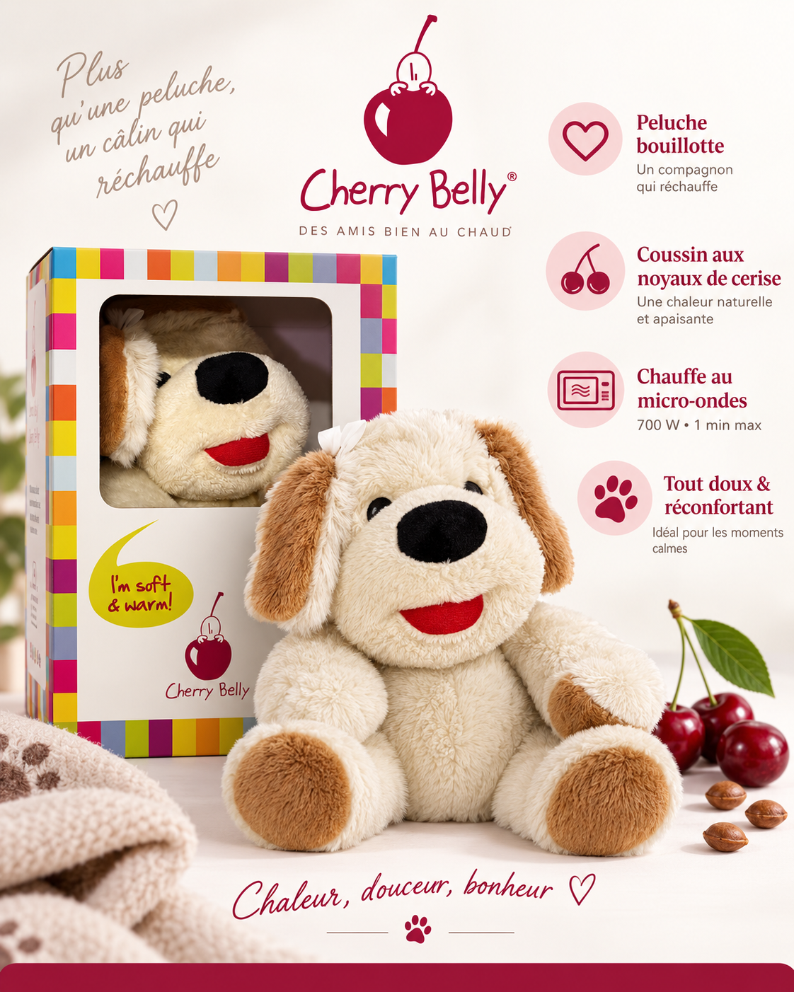 Cherry Belly – Chien bouillotte peluche