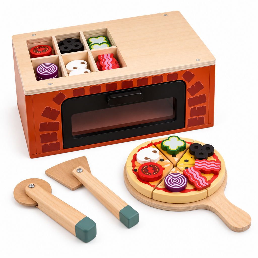 Four à pizza en bois L'Atelier du Bois avec pizza et accessoires