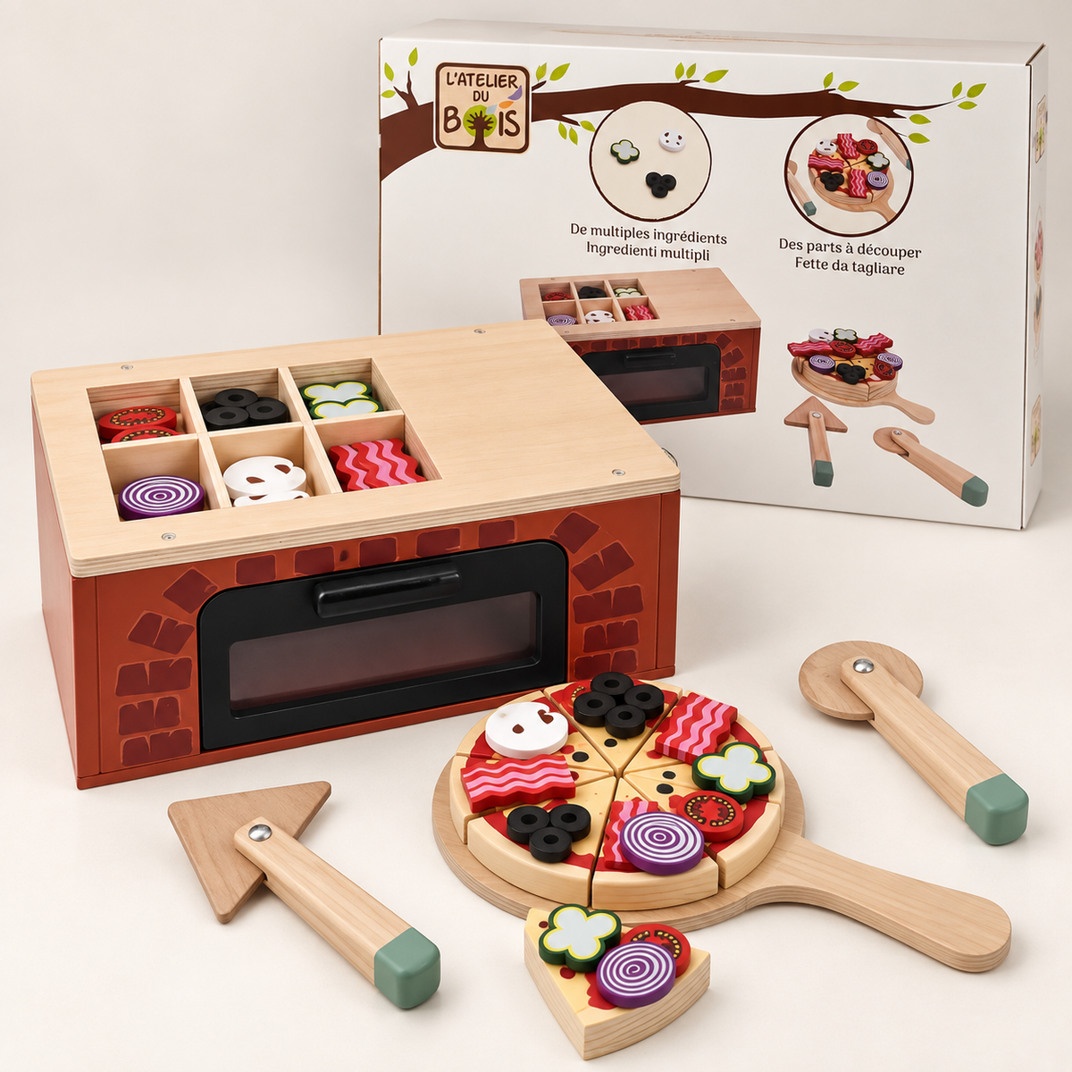 L'Atelier du Bois four à pizza en bois avec accessoires et carton