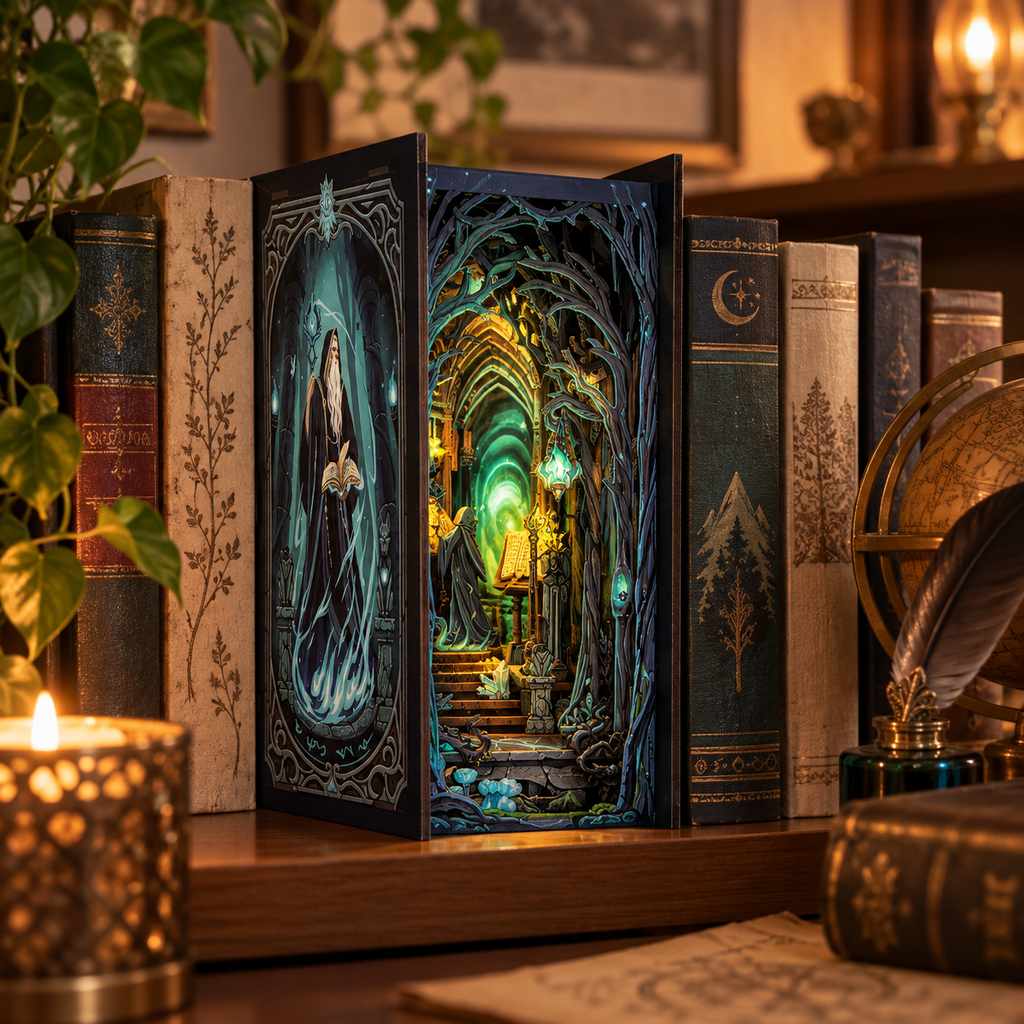 Book Nook La Porte Mystique - mise en scène dans une bibliothèque