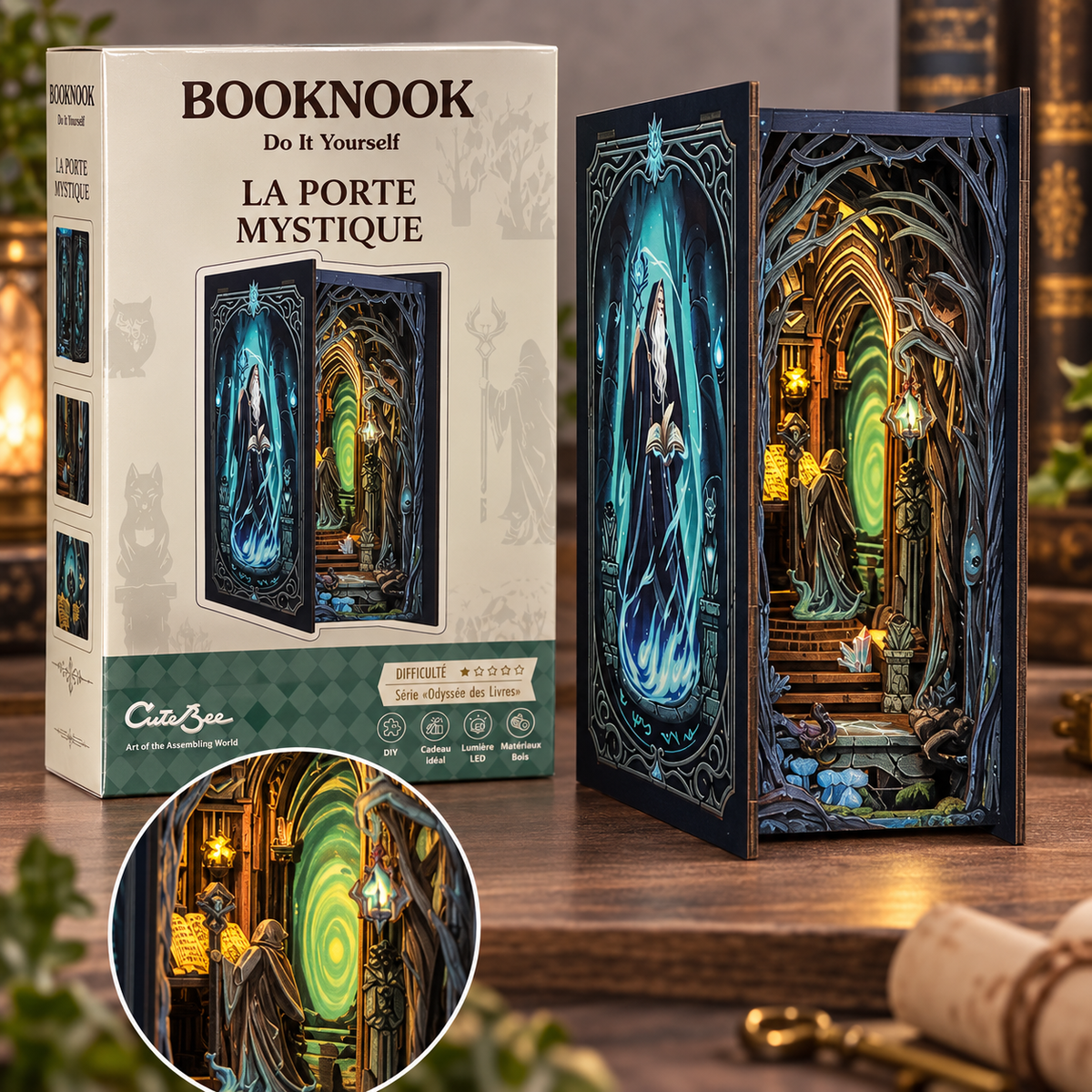 Book Nook La Porte Mystique - éclairage LED et détails du décor
