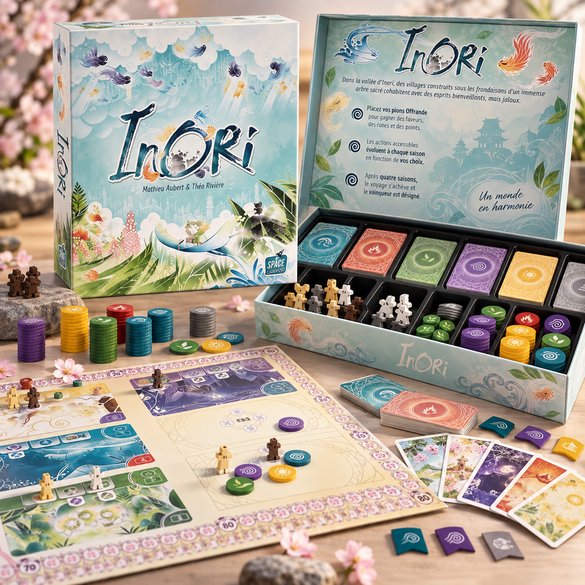 Inori - boîte ouverte, cartes, pions et jetons du jeu de société