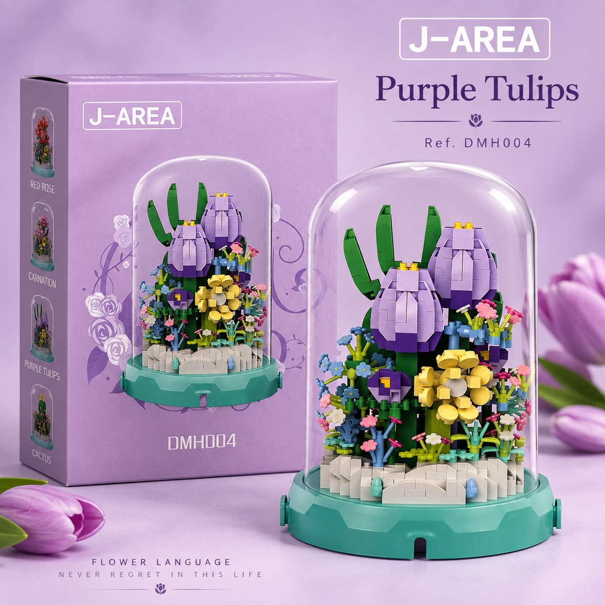 J-AREA Flower Language Purple Tulips DMH004 - tulipes violettes en briques sous cloche