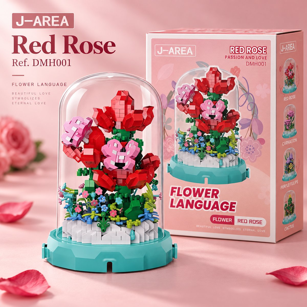 J-AREA Flower Language Red Rose DMH001 - roses rouges en briques sous cloche
