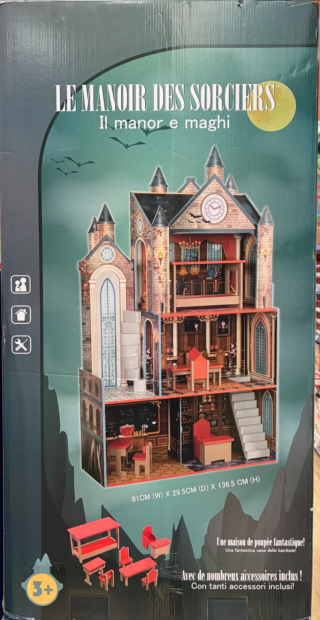 Carton Le Manoir des Sorciers avec dimensions et accessoires inclus