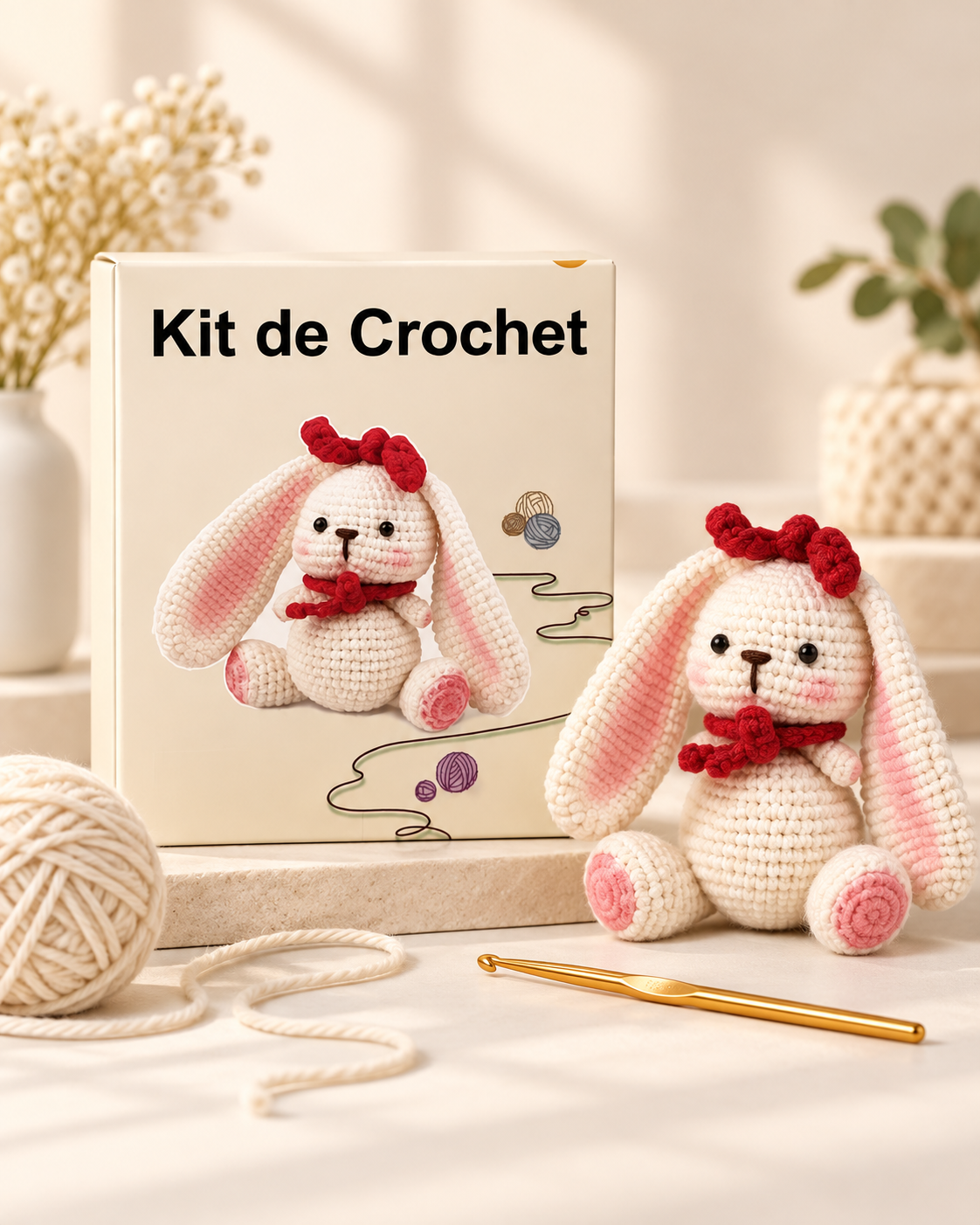 Kit de crochet lapin blanc avec nœud rouge