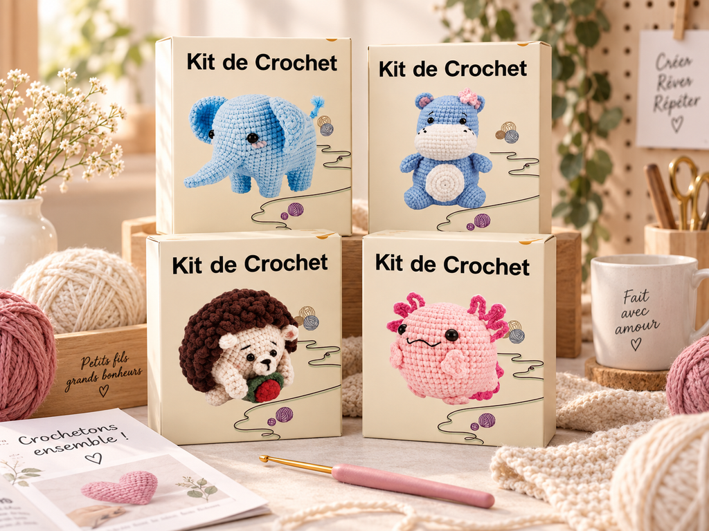 Kits de crochet animaux présentés dans un atelier créatif