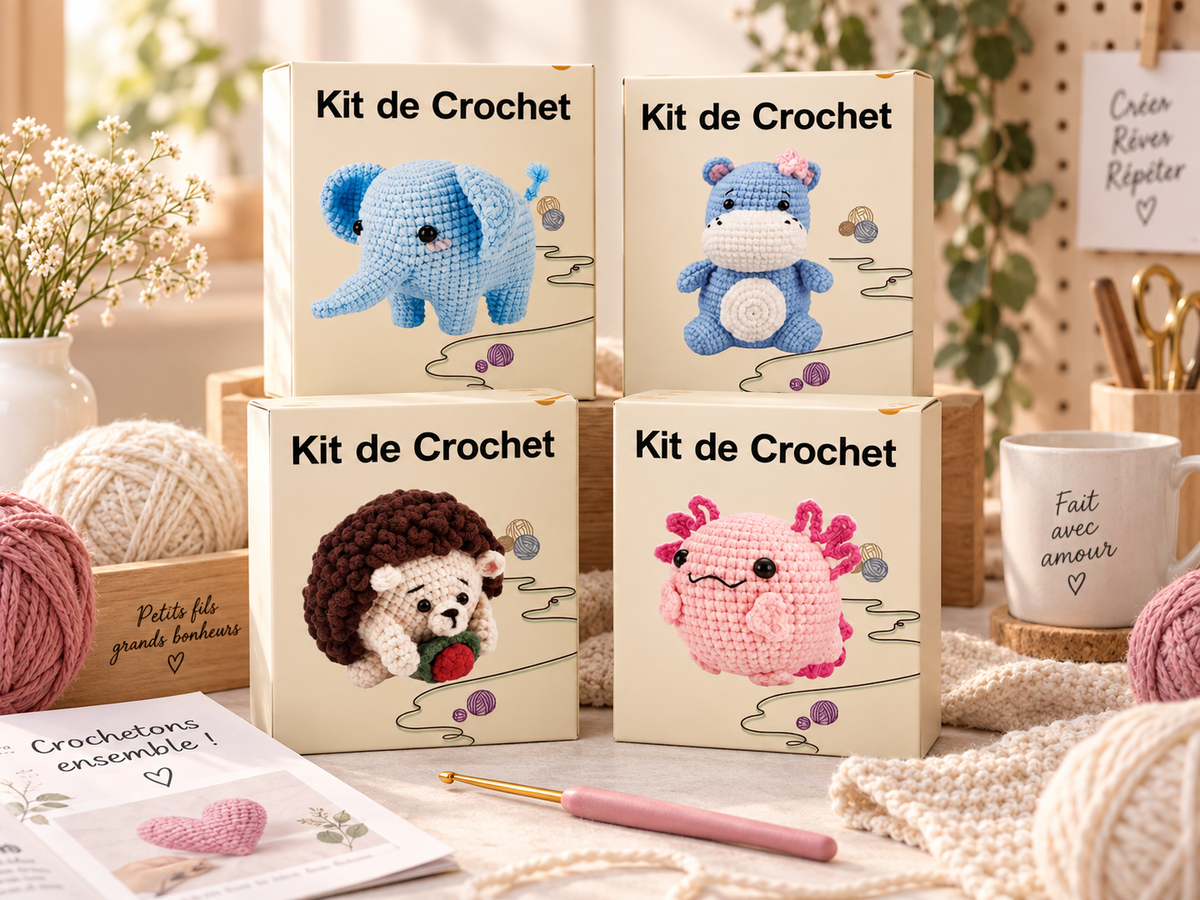 Kits de crochet animaux présentés dans un atelier créatif