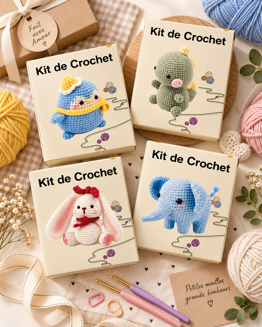 Sélection de kits de crochet animaux aux couleurs pastel