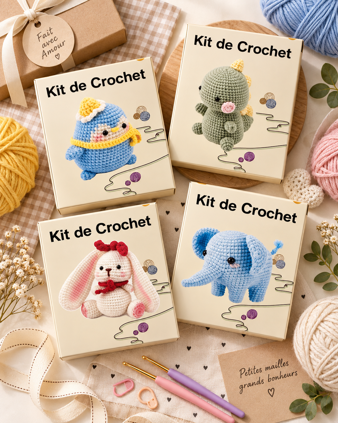 Sélection de kits de crochet animaux aux couleurs pastel