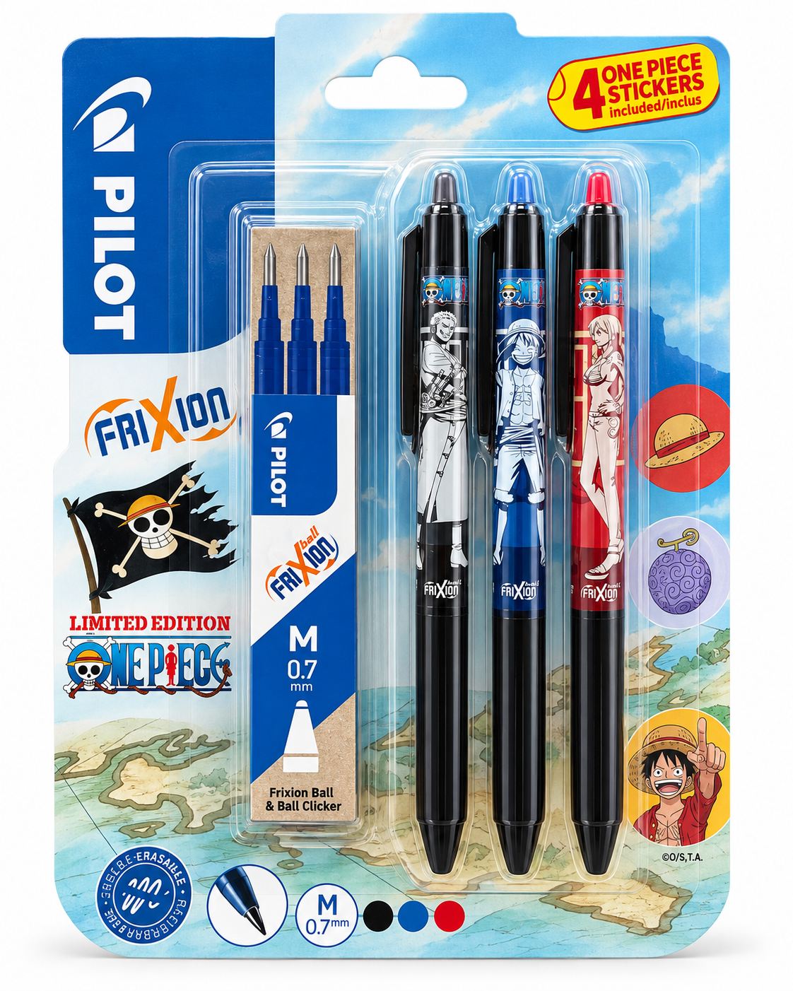 PILOT FriXion One Piece 3 stylos et 3 recharges inclus dans le pack