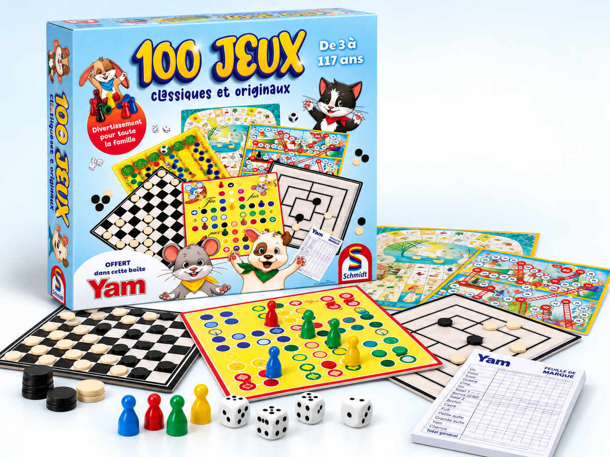 Coffret Schmidt 100 Jeux avec plateaux, pions et dés