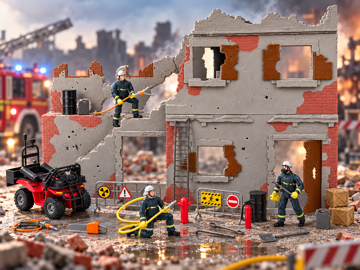 Diorama réaliste Team City avec pompiers, quad et bâtiment en ruines